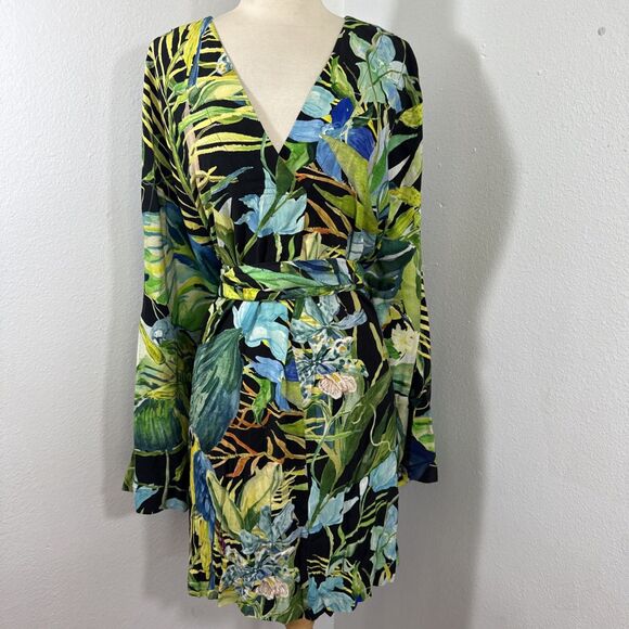 H M Dress Womens L Short Kaftan Multi Tropical Parrot Belted Vacation Resort - Picture 2 of 12